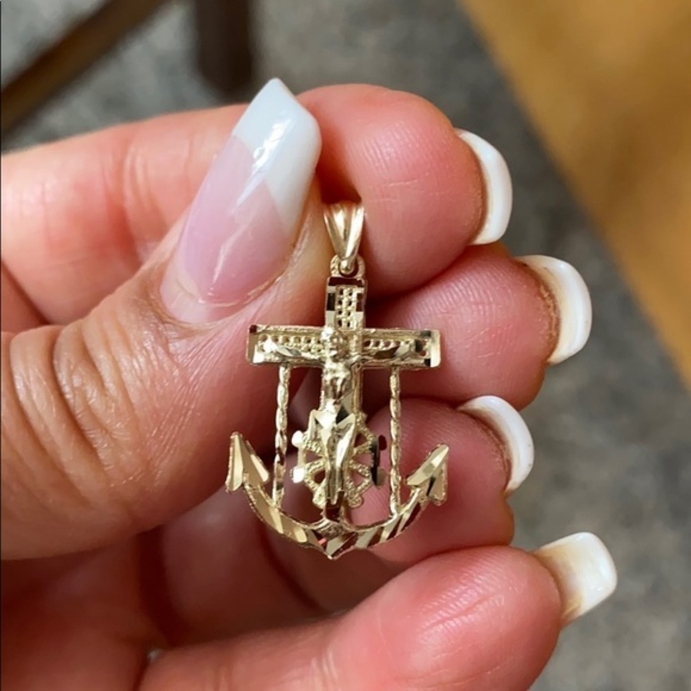 10K Gold Cross Jesus Anchor Pendant charm